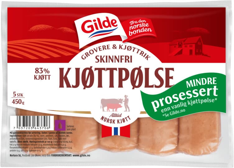 Kjøttpølser Grov Skinnfri 450g Gilde